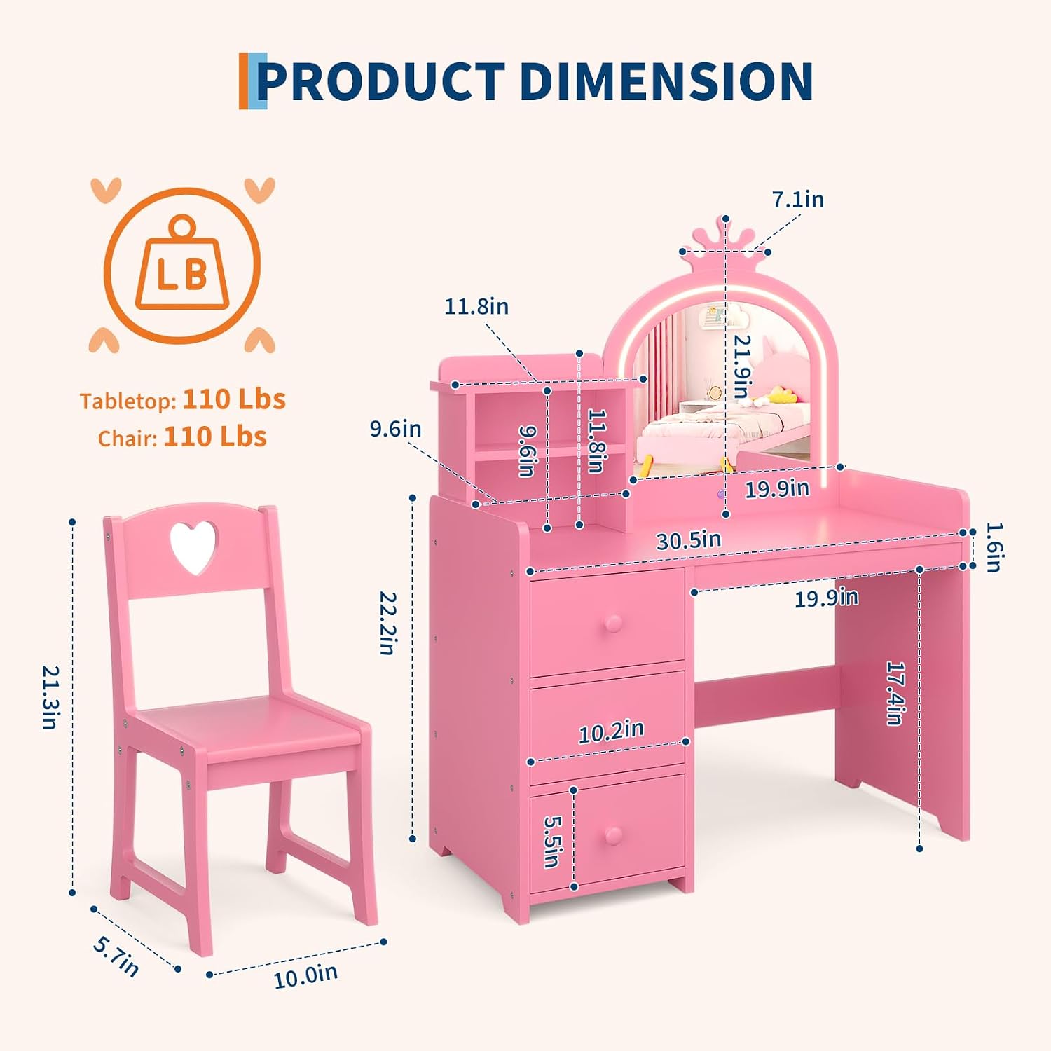 Kids Vanity Desk with Lighted  - огляд і ціна Dressing Table Vanity With Lighted Mirror