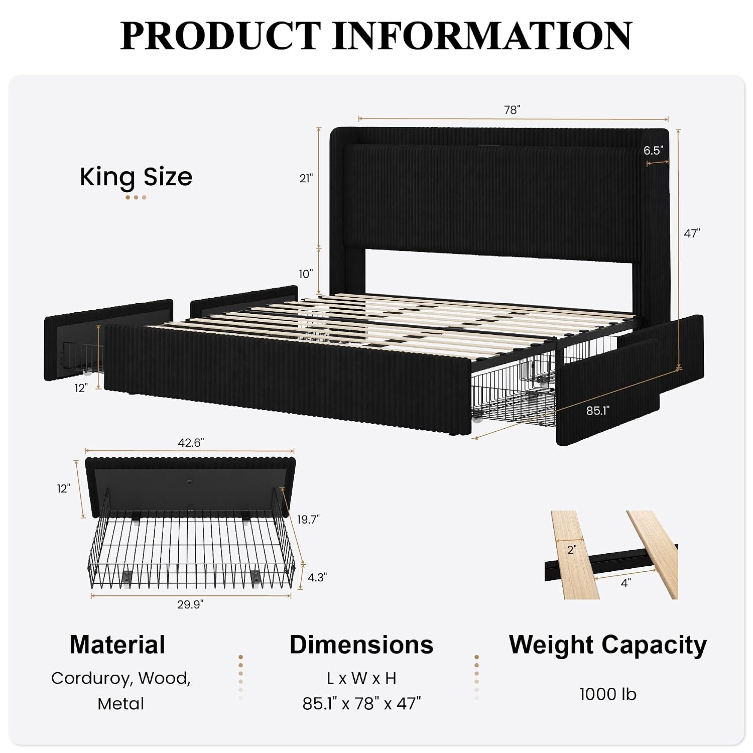 King Size Bed Frame with 4 Ove - огляд і ціна King Size Bed Frame With Storage Drawers