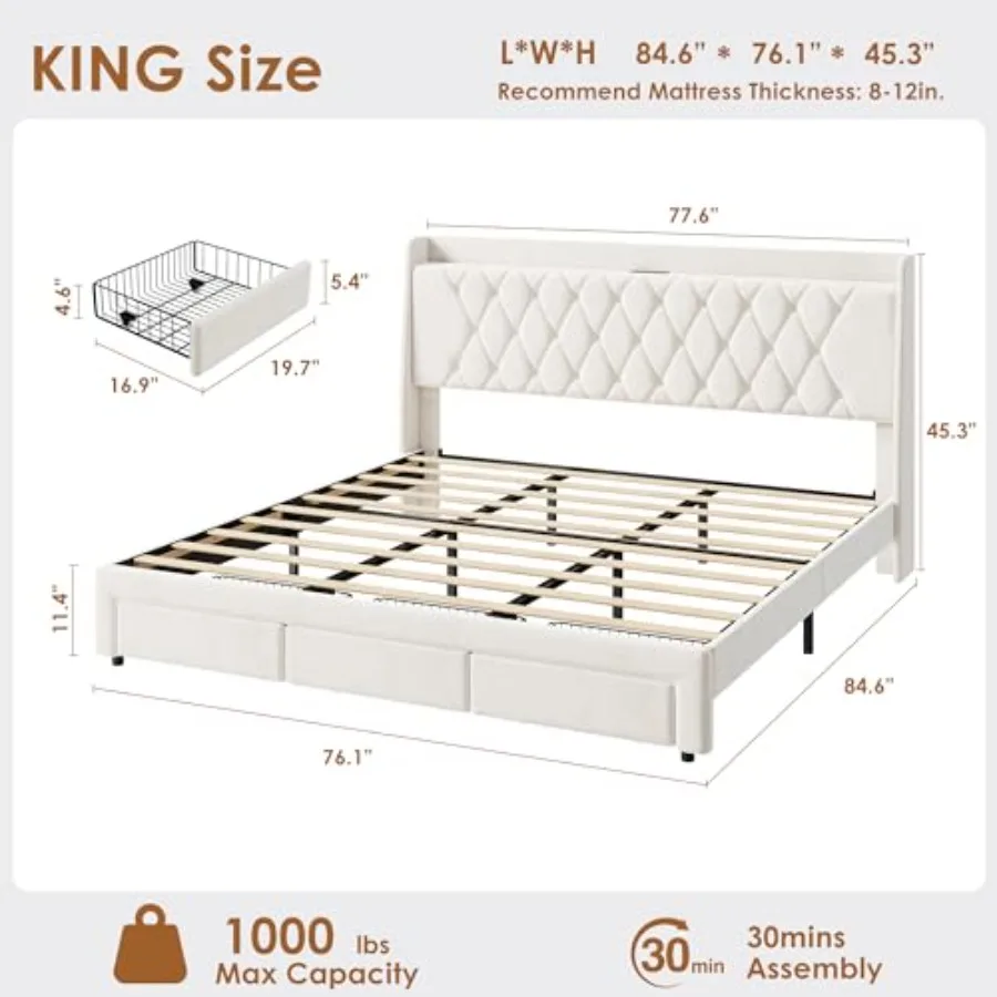 King Size Velvet Upholstered P - огляд і ціна King Size Bed Frame With Storage Drawers