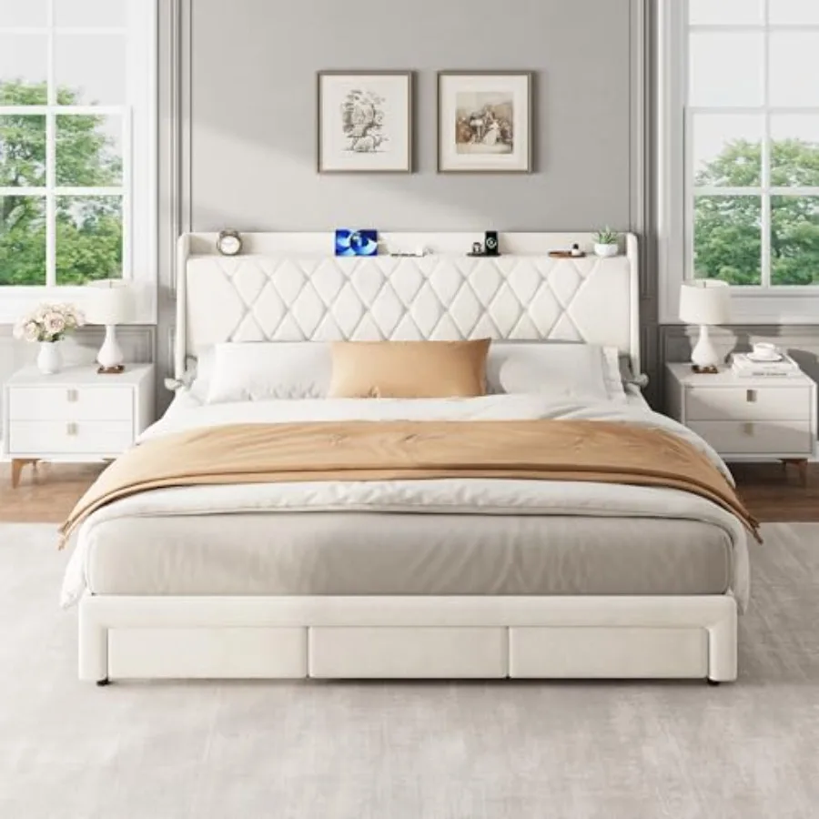 King Size Velvet Upholstered P - огляд і ціна King Size Bed Frame With Storage Drawers