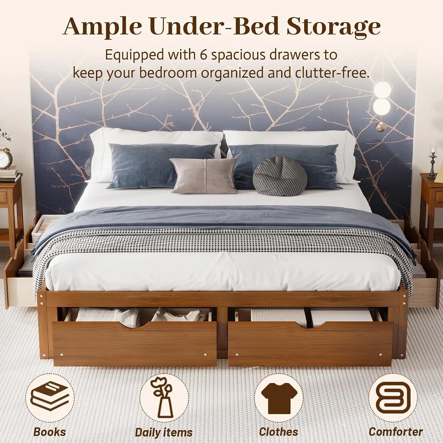 Minimalist Pine Wood Platform  - огляд і ціна King Size Bed Frame With Storage Drawers