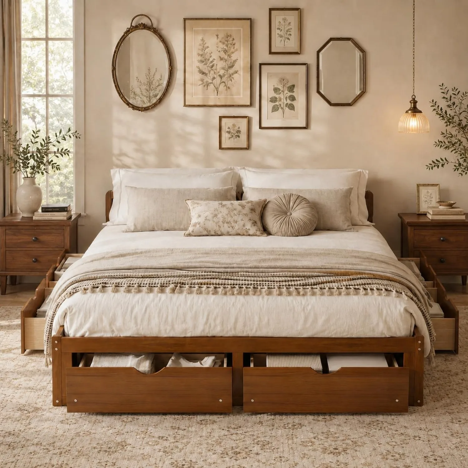 Minimalist Pine Wood Platform  - огляд і ціна King Size Bed Frame With Storage Drawers
