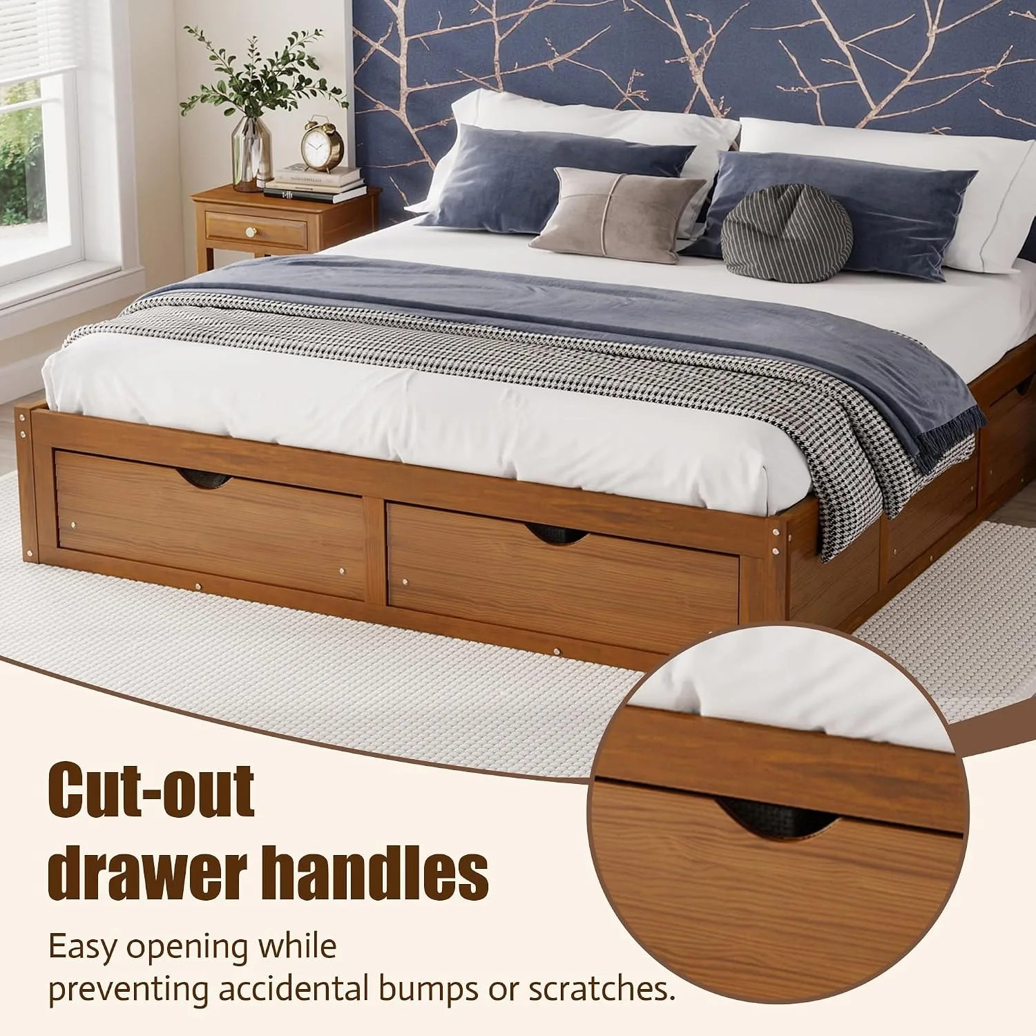Minimalist Pine Wood Platform  - огляд і ціна King Size Bed Frame With Storage Drawers