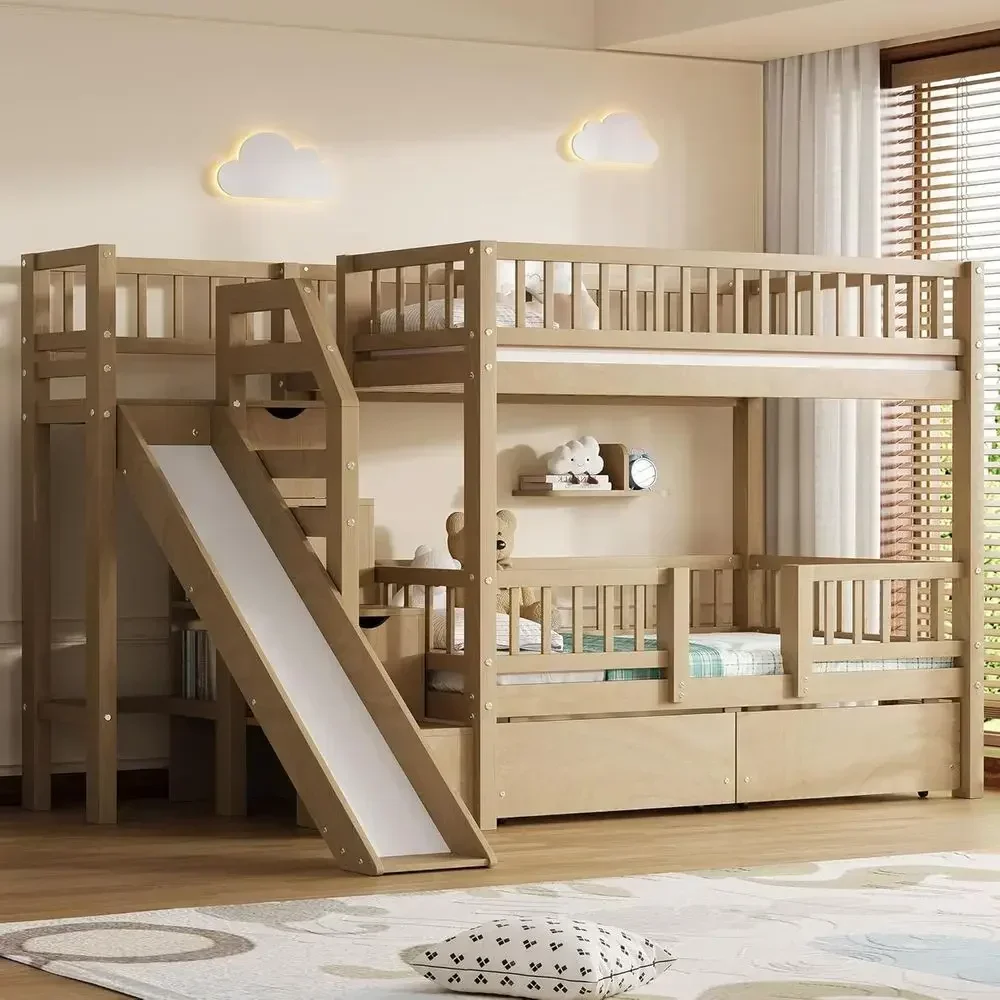 Twin Over Twin Wooden Bunk Bed - огляд і ціна Bunk Bed With Stairs And Slide