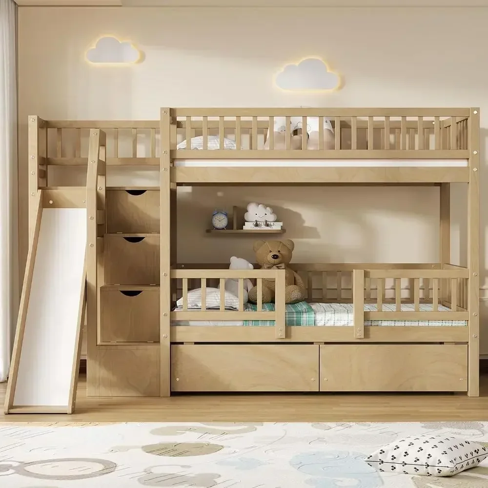 Twin Over Twin Wooden Bunk Bed - огляд і ціна Bunk Bed With Stairs And Slide