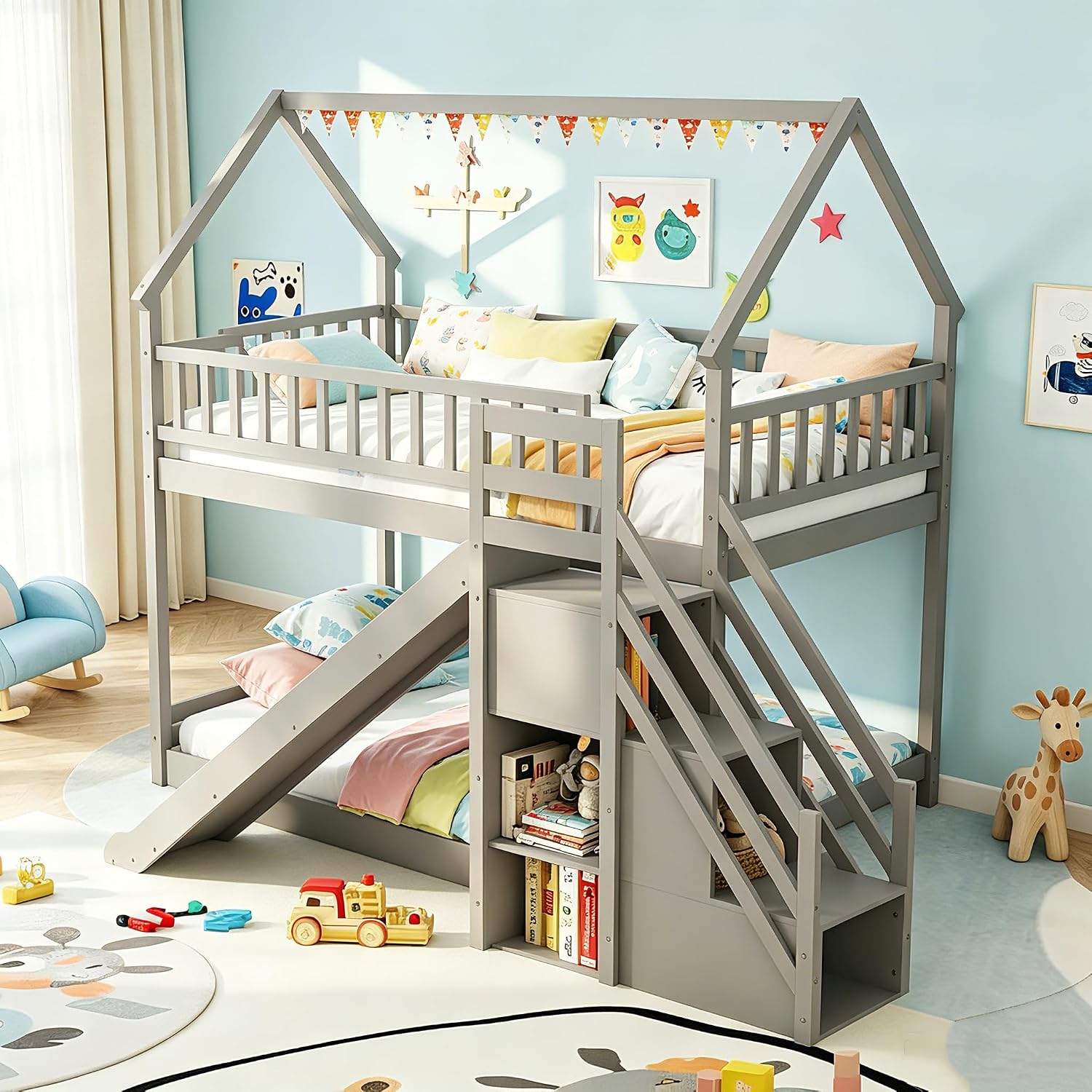 Twin Over Twin Bunk Bed With S - огляд і ціна Bunk Bed With Stairs And Slide
