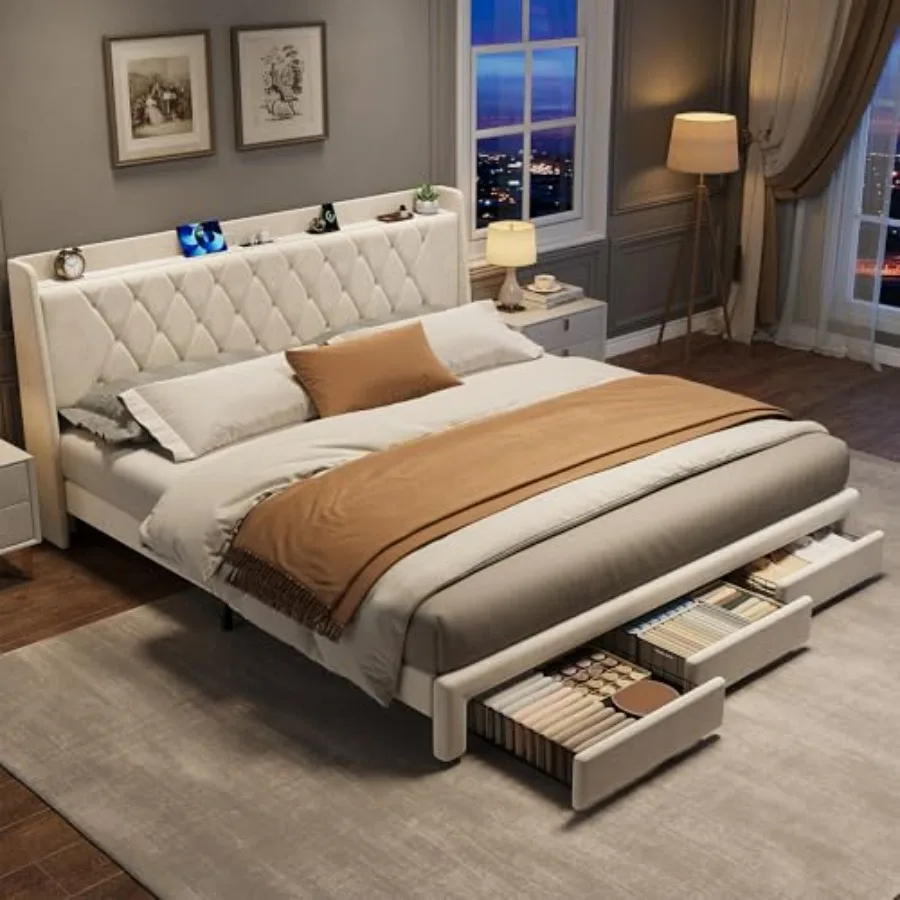 King Size Velvet Upholstered P - огляд і ціна King Size Bed Frame With Storage Drawers