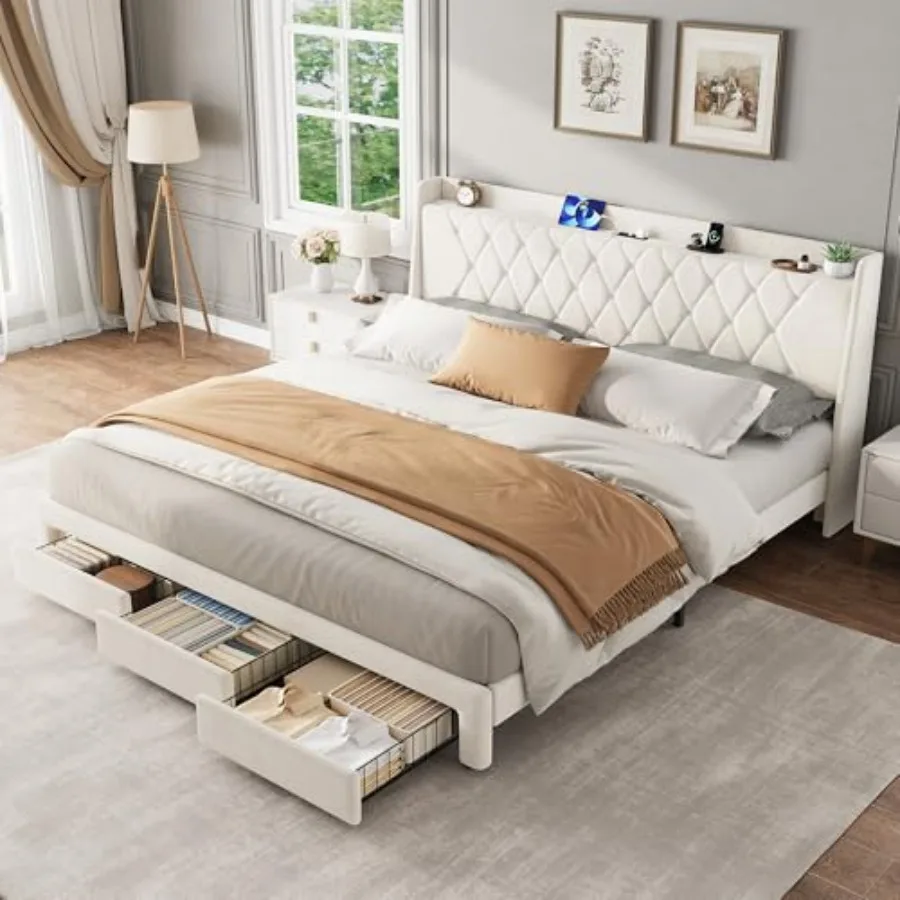 King Size Velvet Upholstered P - огляд і ціна King Size Bed Frame With Storage Drawers